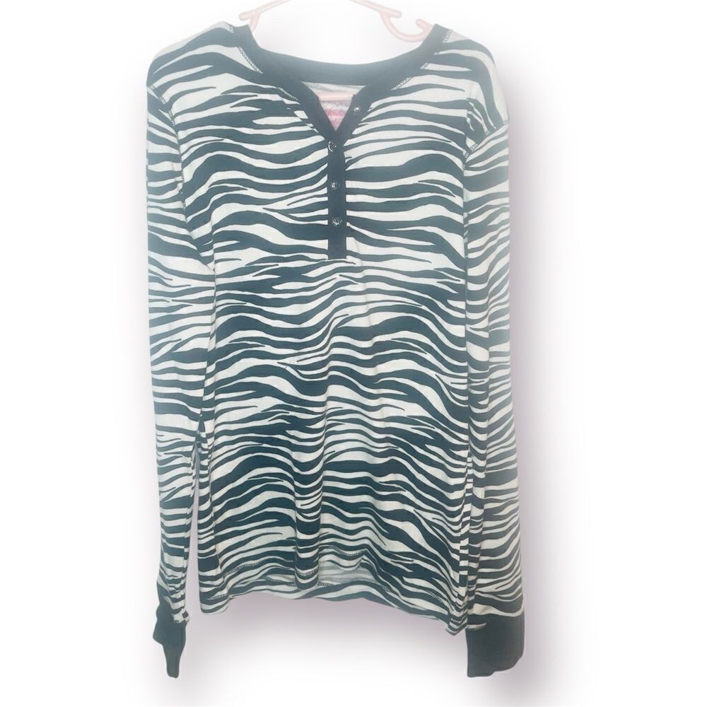 Faded Glory Half Button Ribbed Long SleeveTshirt Black White L 10/12